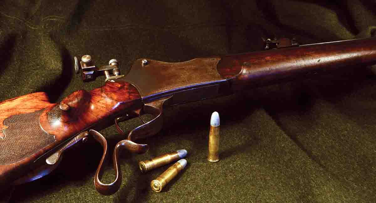 Terry’s early German Schützen cartridge rifle was built on a Martini action, probably around 1880. The cartridge is derived from the .43 (11mm) Mauser introduced in 1871.